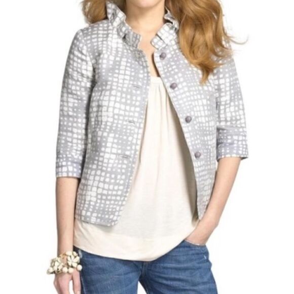 J. CREW GEO PRINT CROPPED COCKTAIL JACKET GRAY IVORY RUFFLED COLLAR BLAZER XS-S* - Picture 3 of 16